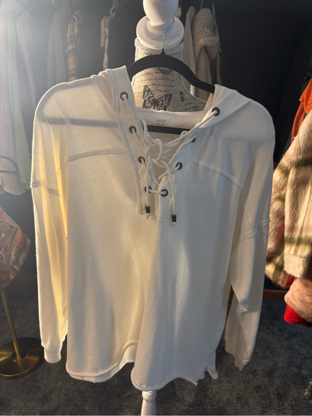 aerie Cream Lace-Up Hoodie Tunic